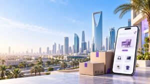 Riyadh skyline with a mobile e-commerce app and delivery parcels representing Saudi online shopping